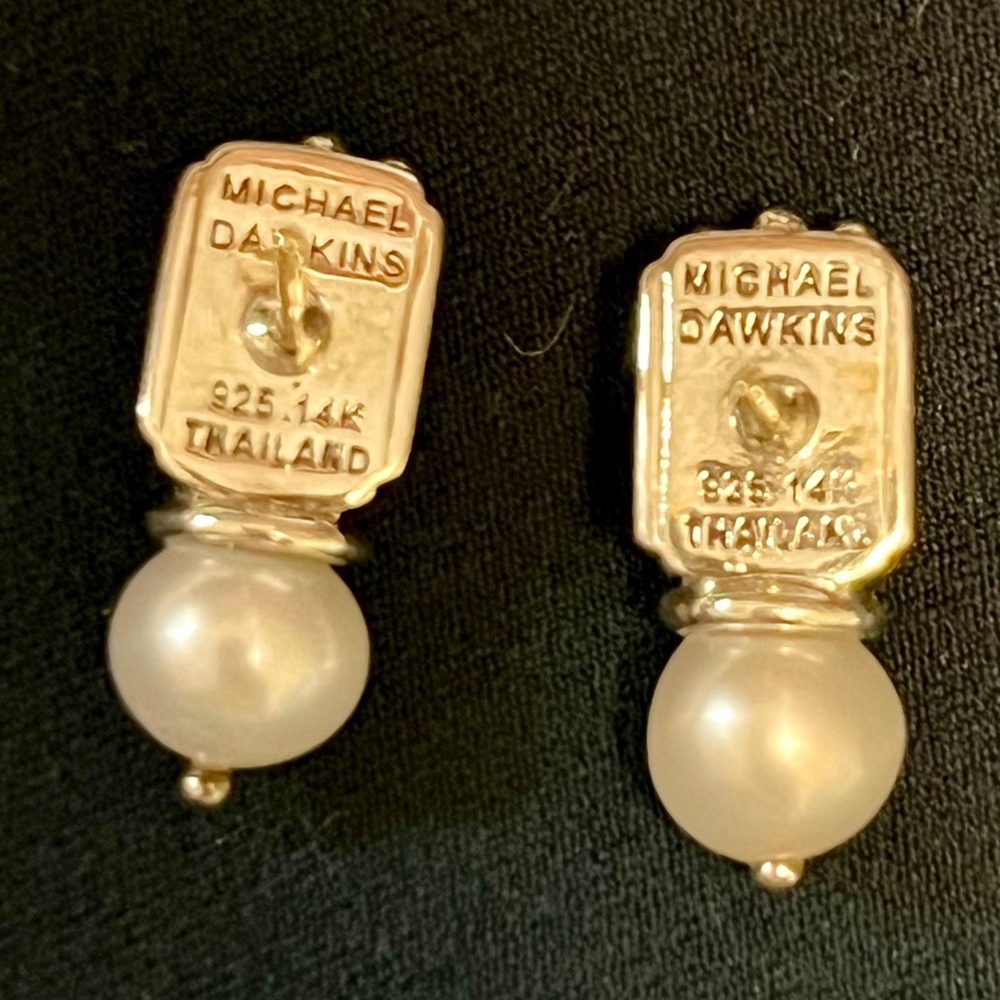 Michael Dawkins 925 Sterling Silver 14K Gold Posts Pearl Drop Earrings Thailand - Picture 3 of 3